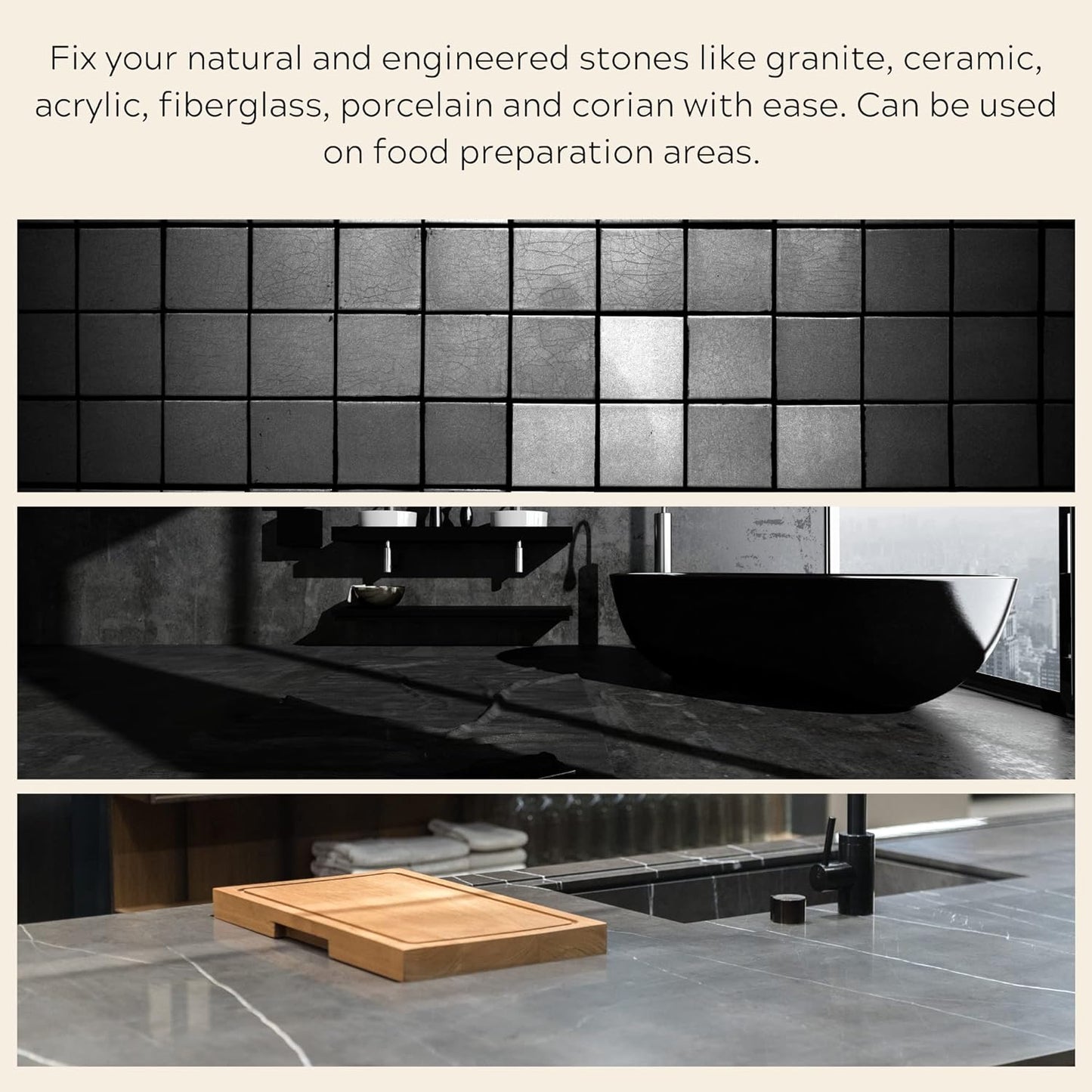 Granite Repair Kit (Black, UBA TUBA) I Suitable for Most Repairs I Also for Tile, Countertop, Fiberglass & Ceramic Surfaces I Fix Broken Chips & Cracks in Minutes