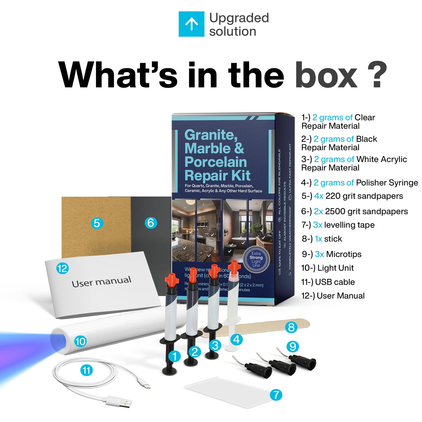 Corian Repair Kit (Clear, Black & Acrylic Color) - Ideal as Quartz Countertop Repair Kit I Works Great for Marble, Porcelain, Ceramic & Granite Surfaces I Also for Bathtub & Tile Repair Kit